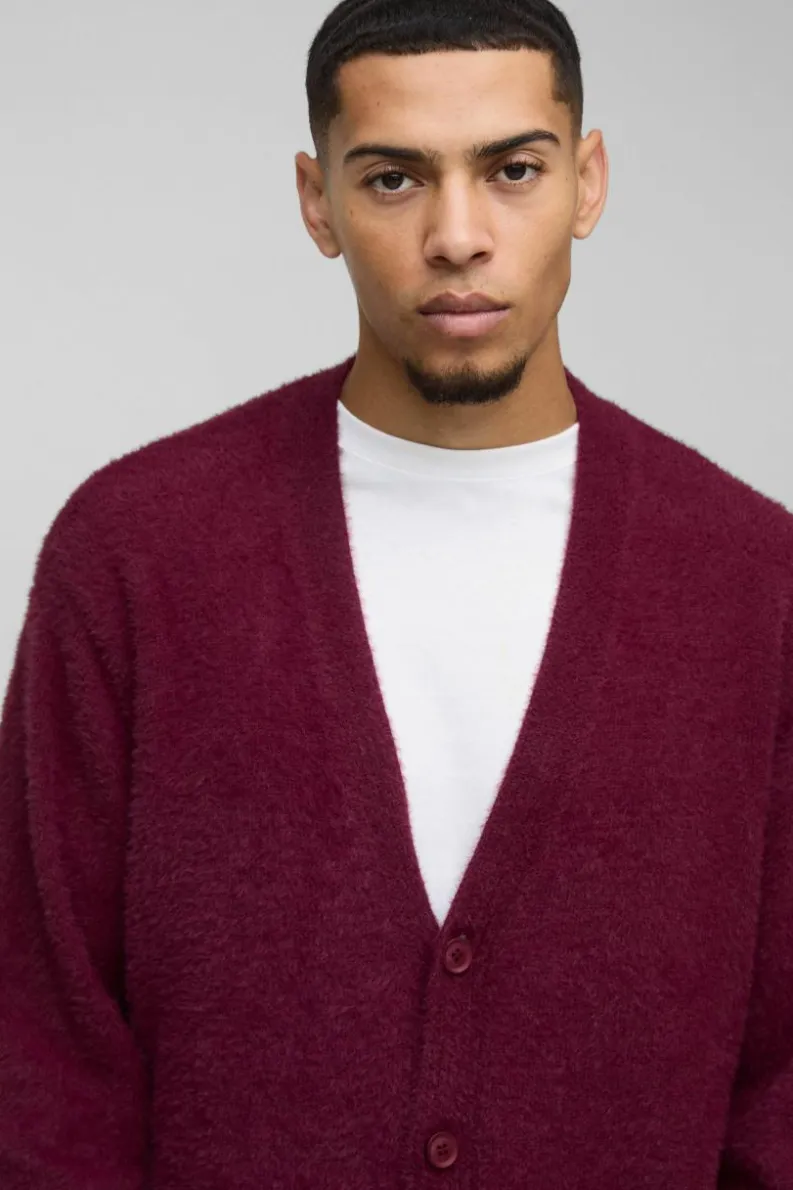 Cheap boohooMAN Boxy Fluffy Knitted Cardigan burgundy