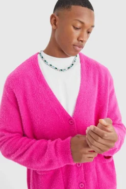 Sale boohooMAN Boxy Fluffy Knitted Cardigan hot pink