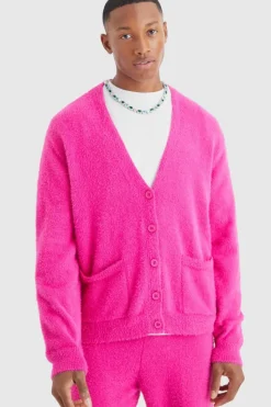Sale boohooMAN Boxy Fluffy Knitted Cardigan hot pink