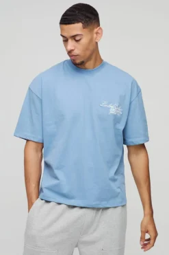Cheap boohooMAN Boxy Heavyweight 3D Embroidery BM T-Shirt slate blue