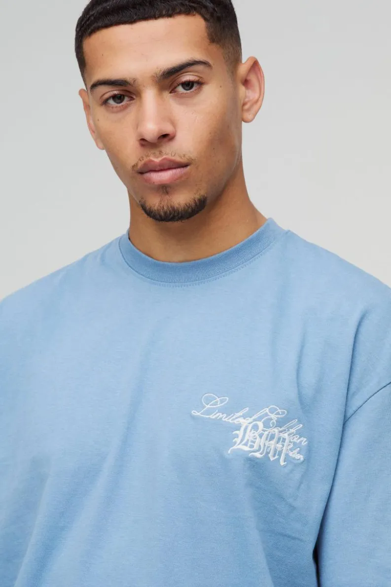 Cheap boohooMAN Boxy Heavyweight 3D Embroidery BM T-Shirt slate blue