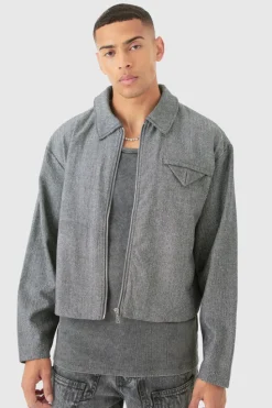 Cheap boohooMAN Boxy Herringbone Collared Jacket grey