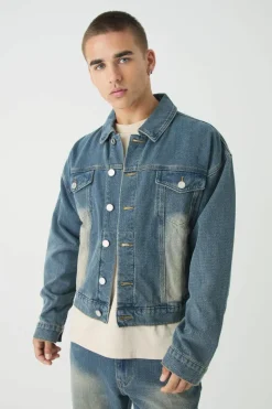 Clearance boohooMAN Boxy Herringbone Fabric Interest Denim Jacket vintage blue