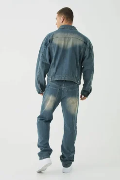 Clearance boohooMAN Boxy Herringbone Fabric Interest Denim Jacket vintage blue