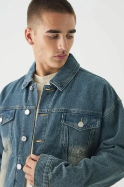Clearance boohooMAN Boxy Herringbone Fabric Interest Denim Jacket vintage blue