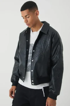 Store boohooMAN Boxy Homme Embossed Pu Bomber Jacket In black