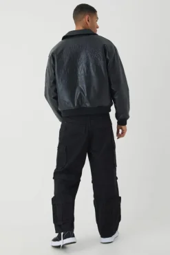 Store boohooMAN Boxy Homme Embossed Pu Bomber Jacket In black