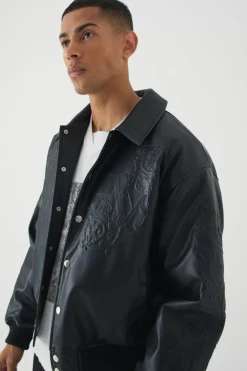 Store boohooMAN Boxy Homme Embossed Pu Bomber Jacket In black