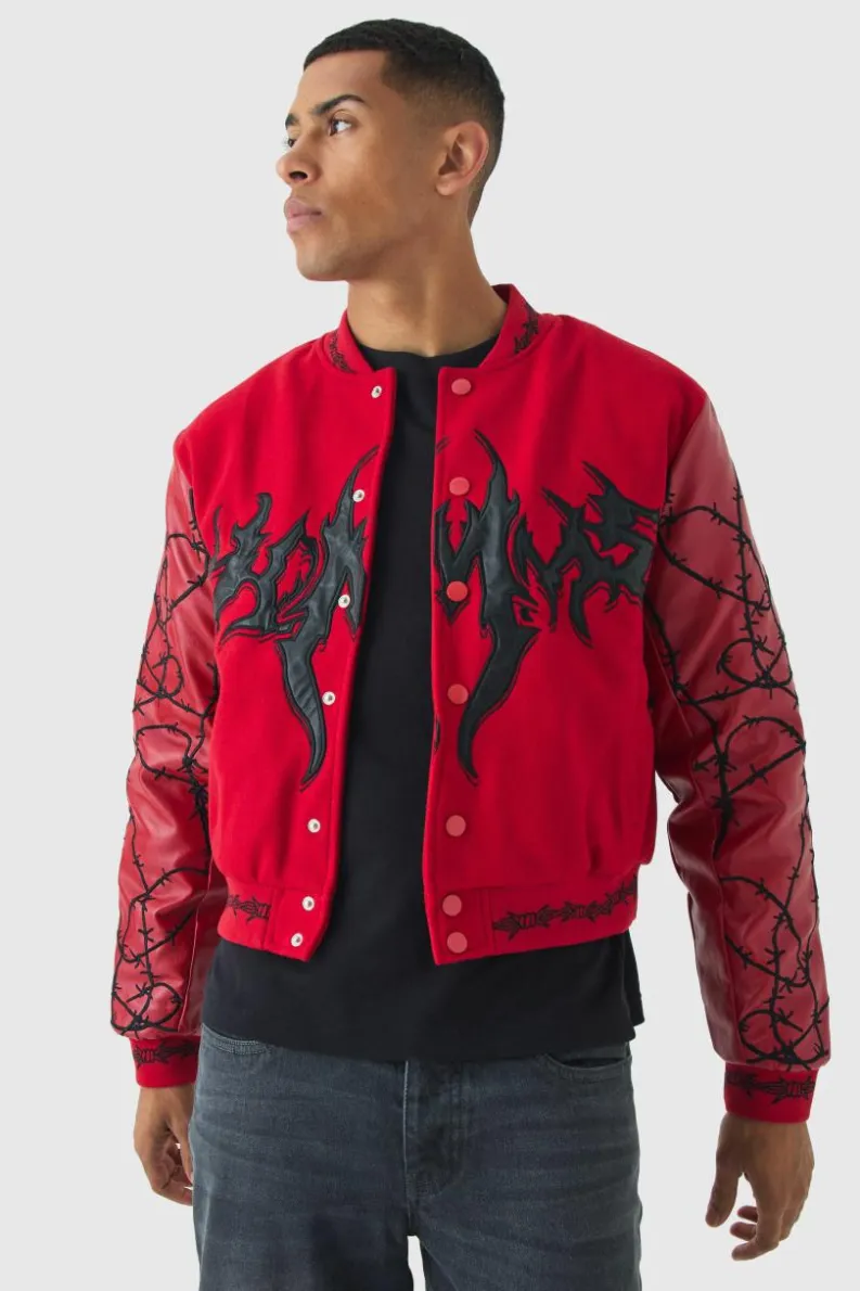 Store boohooMAN Boxy Homme Embroide Sleeve Varsity Jacket red