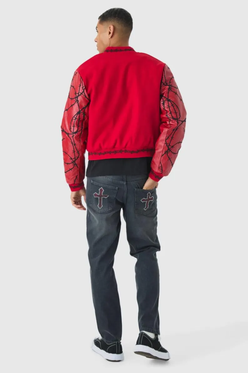 Store boohooMAN Boxy Homme Embroide Sleeve Varsity Jacket red