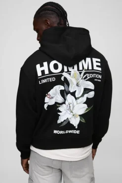 Shop boohooMAN Boxy Homme Lily Graphic Hoodie black