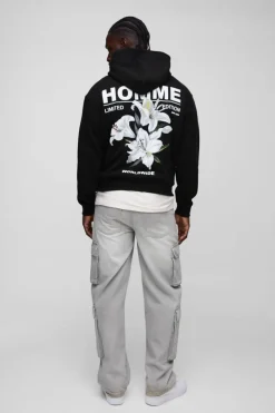 Shop boohooMAN Boxy Homme Lily Graphic Hoodie black