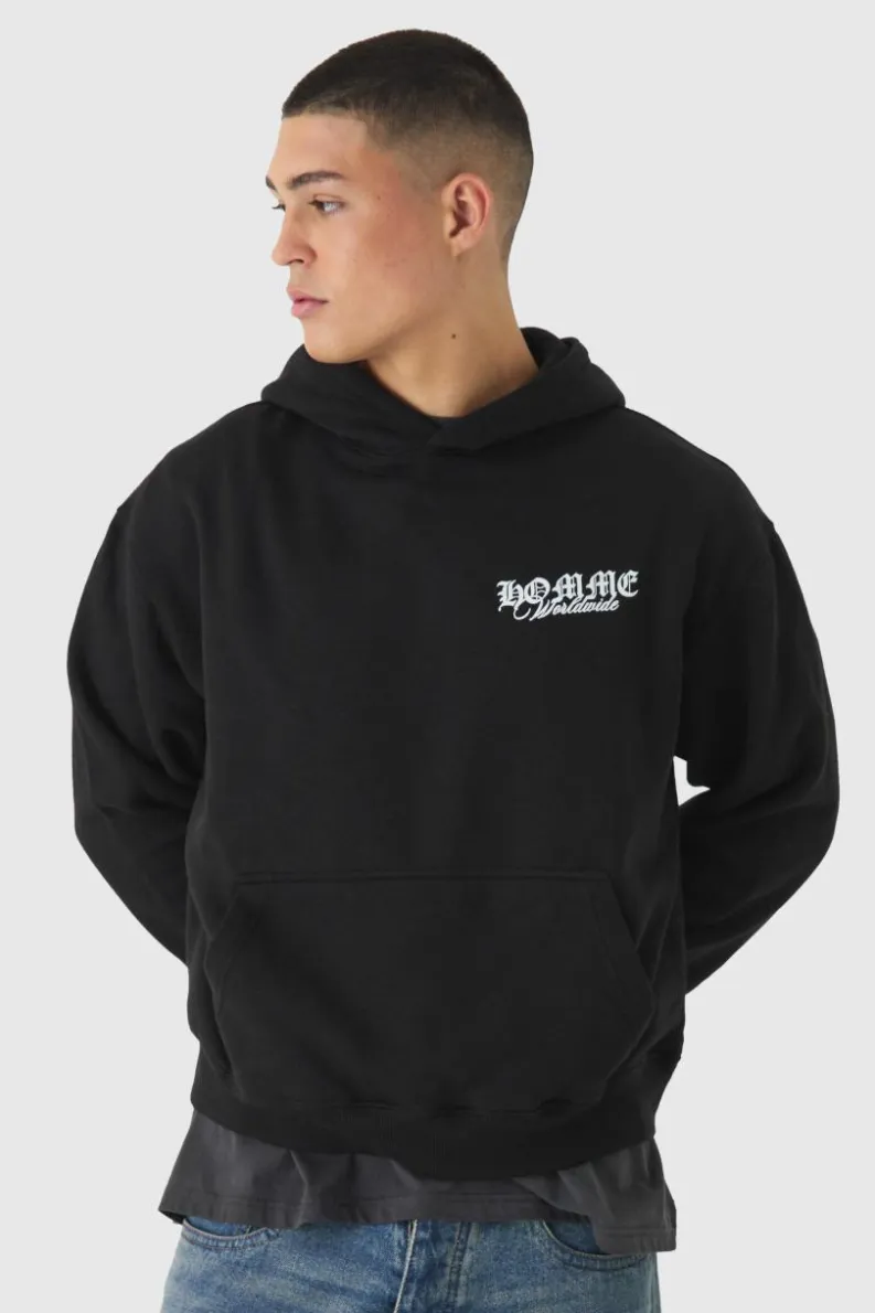 Best Sale boohooMAN Boxy Homme Tonal Print Hoodie black