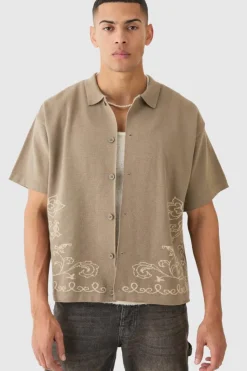 Flash Sale boohooMAN Boxy Jacquard Knit Abstract Detail Shirt In taupe