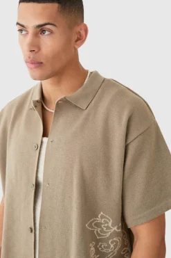 Flash Sale boohooMAN Boxy Jacquard Knit Abstract Detail Shirt In taupe