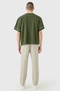 Outlet boohooMAN Boxy Jacquard Knit Abstract Detail Shirt In olive
