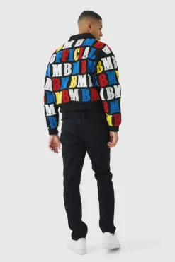 Sale boohooMAN Boxy Letter Badge Collared Varsity Jacket In black