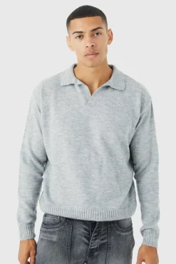Best boohooMAN Boxy Long Sleeve Knitted Revere Polo grey marl