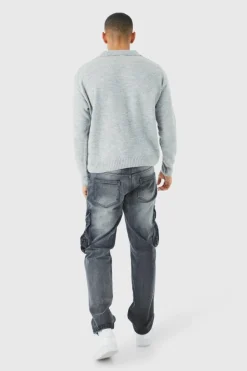 Best boohooMAN Boxy Long Sleeve Knitted Revere Polo grey marl