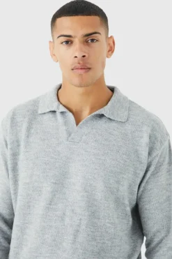 Best boohooMAN Boxy Long Sleeve Knitted Revere Polo grey marl
