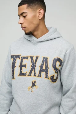 Shop boohooMAN Boxy Marl Raw Hem Texas Western Hoodie grey marl