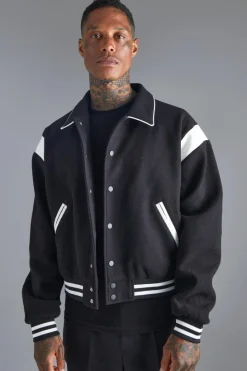 Store boohooMAN Boxy Melton Bomber Jacket With Contrast Trims black