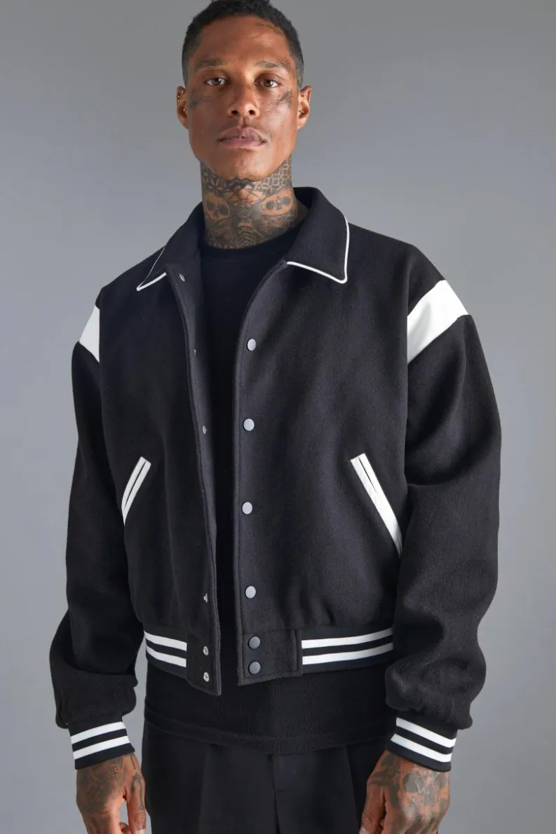 Store boohooMAN Boxy Melton Bomber Jacket With Contrast Trims black
