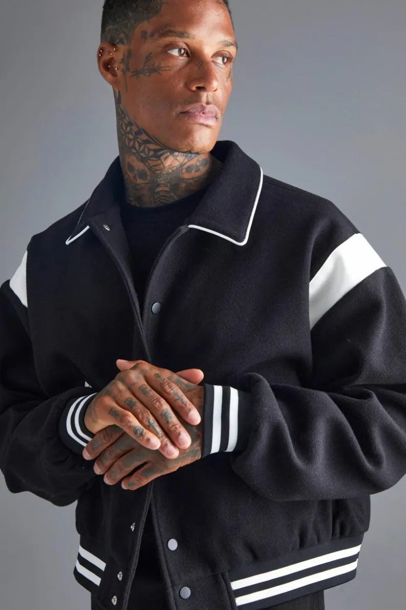 Store boohooMAN Boxy Melton Bomber Jacket With Contrast Trims black