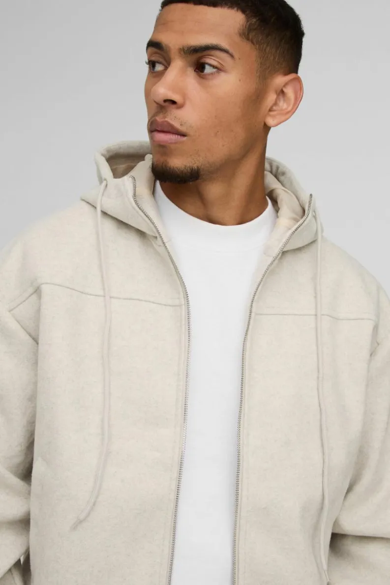 Flash Sale boohooMAN Boxy Melton Hooded Bomber Jacket In ecru