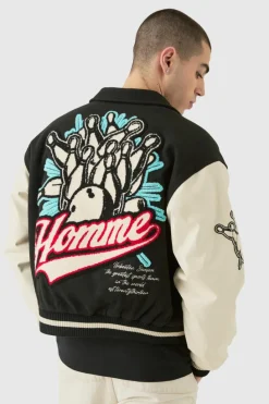 Cheap boohooMAN Boxy Melton & Pu Collared Varsity Jacket black