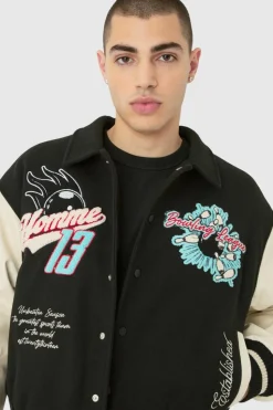 Cheap boohooMAN Boxy Melton & Pu Collared Varsity Jacket black