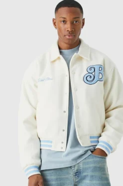 Flash Sale boohooMAN Boxy Melton Varsity Jacket ecru