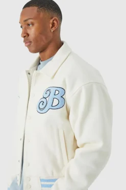 Flash Sale boohooMAN Boxy Melton Varsity Jacket ecru