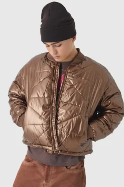 Cheap boohooMAN Boxy Metallic Abstract Quilted Bomber Jacket In tan