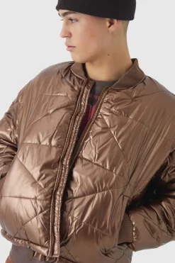 Cheap boohooMAN Boxy Metallic Abstract Quilted Bomber Jacket In tan