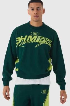 Hot boohooMAN Boxy Moto Knitted Sweatshirt green