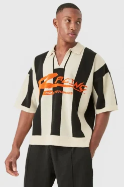 Store boohooMAN Boxy Moto Stripe Knitted Polo black