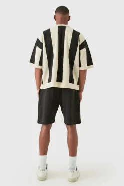 Store boohooMAN Boxy Moto Stripe Knitted Polo black