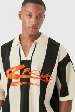 Store boohooMAN Boxy Moto Stripe Knitted Polo black