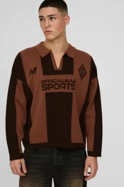 Shop boohooMAN Boxy Moto Stripe Knitted Rugby Polo taupe