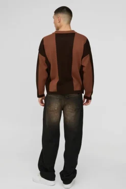 Shop boohooMAN Boxy Moto Stripe Knitted Rugby Polo taupe