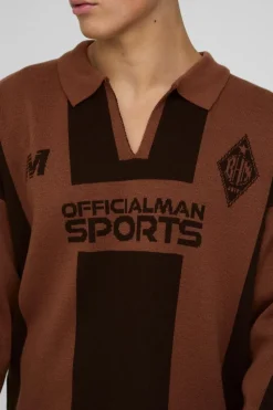 Shop boohooMAN Boxy Moto Stripe Knitted Rugby Polo taupe