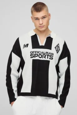 Shop boohooMAN Boxy Moto Stripe Knitted Rugby Polo black