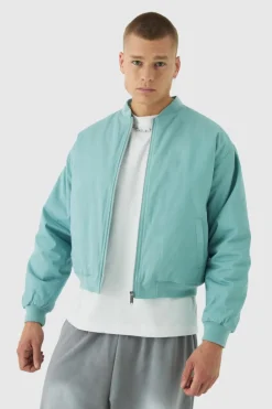 Fashion boohooMAN Boxy OFCL Applique Twill Padded Bomber Jacket In light blue