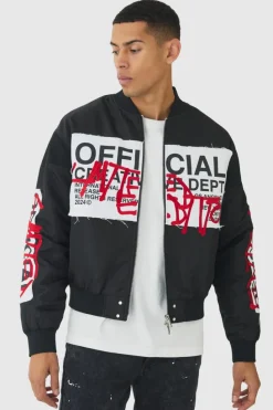Sale boohooMAN Boxy Official Graffiti High Shine Bomber Jacket black