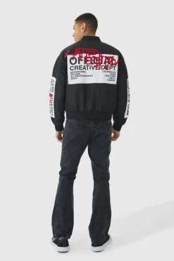 Sale boohooMAN Boxy Official Graffiti High Shine Bomber Jacket black