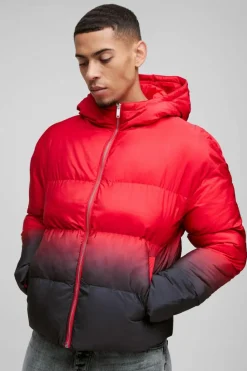 Outlet boohooMAN Boxy Ombre Hooded Puffer Coat In red
