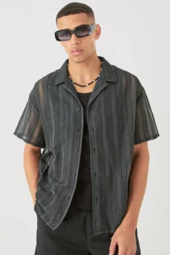 Cheap boohooMAN Boxy Open Lace Stripe Shirt black