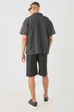 Cheap boohooMAN Boxy Open Lace Stripe Shirt black