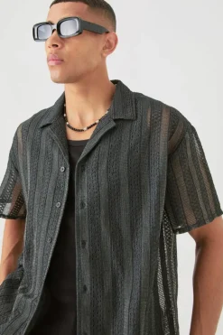 Cheap boohooMAN Boxy Open Lace Stripe Shirt black